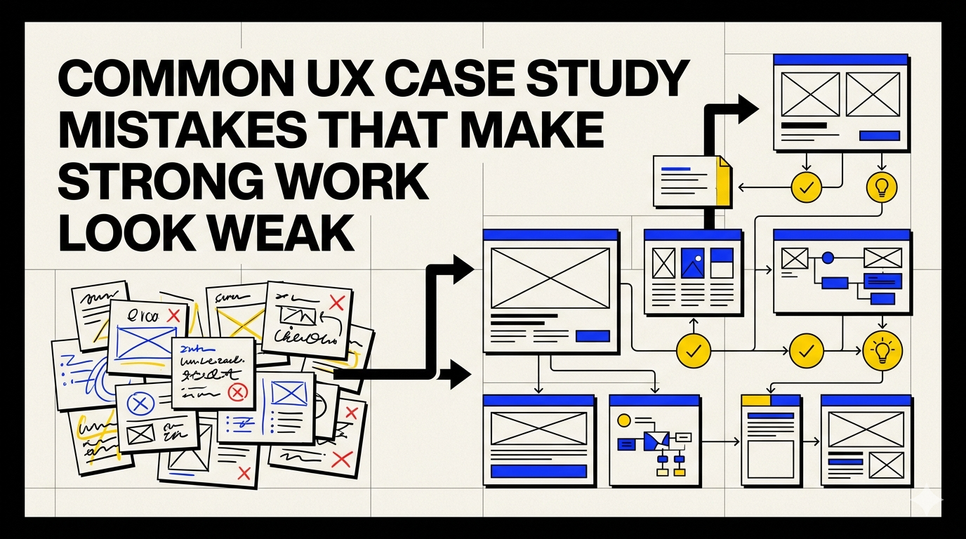 Güçlü işi zayıf gösteren yaygın UX case study hataları için editoryal kapak görseli