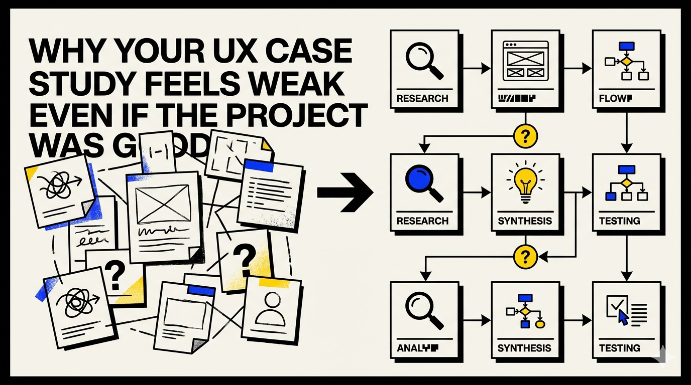 Proje iyi olduğu halde UX case study neden zayıf hissettirir yazısı için editoryal kapak görseli