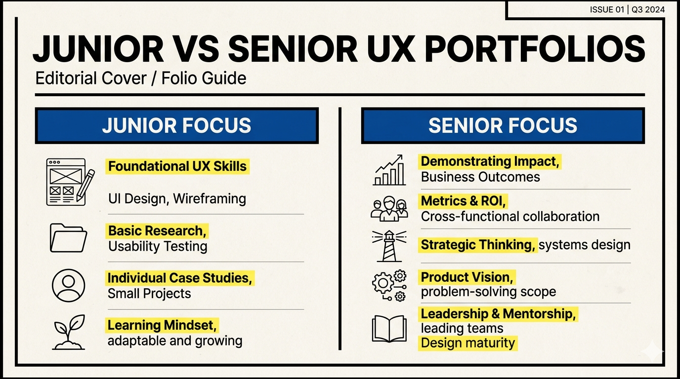 Junior ve senior UX portfolyoları arasındaki farkları anlatan Neo-Brutalist editoryal kapak görseli