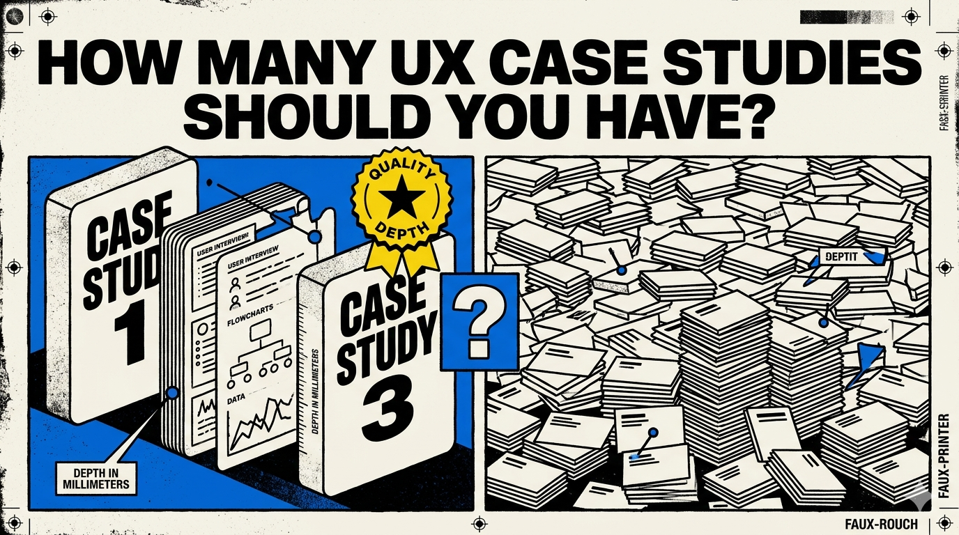 UX portfolyonda kaç case study olmalı sorusu için Neo-Brutalist editoryal kapak görseli