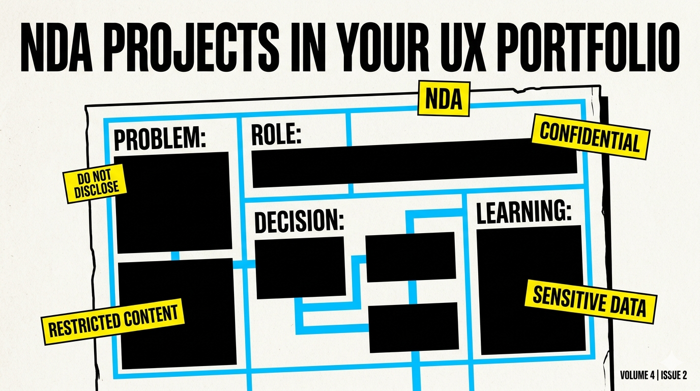 NDA projelerini UX portfolyosuna eklemek üzerine Neo-Brutalist editoryal kapak görseli